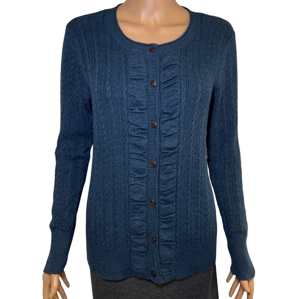 Eddie Bauer Navy Cable Knit Button Up Ruffle Cardigan Sweater Size Medium